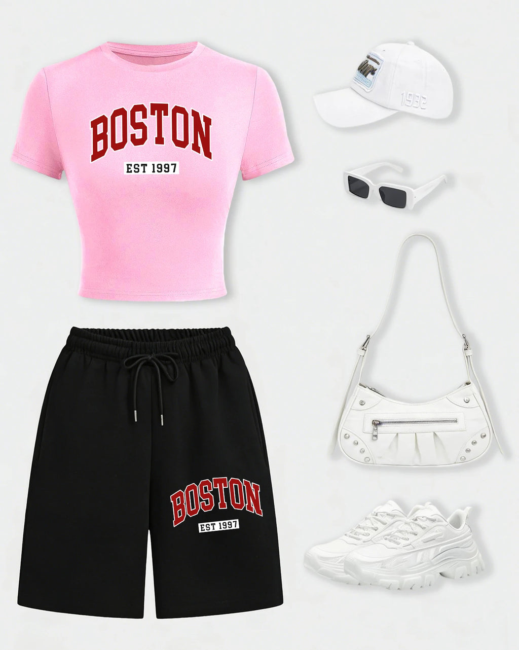 Boston Letter Est 1997 Women T-Shirt Set Drawstring Wide-Leg Short Pants Summer Pocket Black Pant Cotton Breathable Crop T Shirt