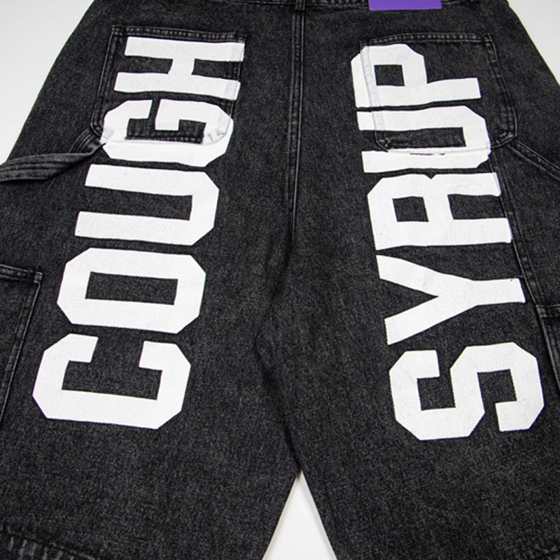 New THAT'S A AWFUL LOT OF COUGH SYRUP Denim Shorts Retro Casual Loose Sports Letter Print Jeans