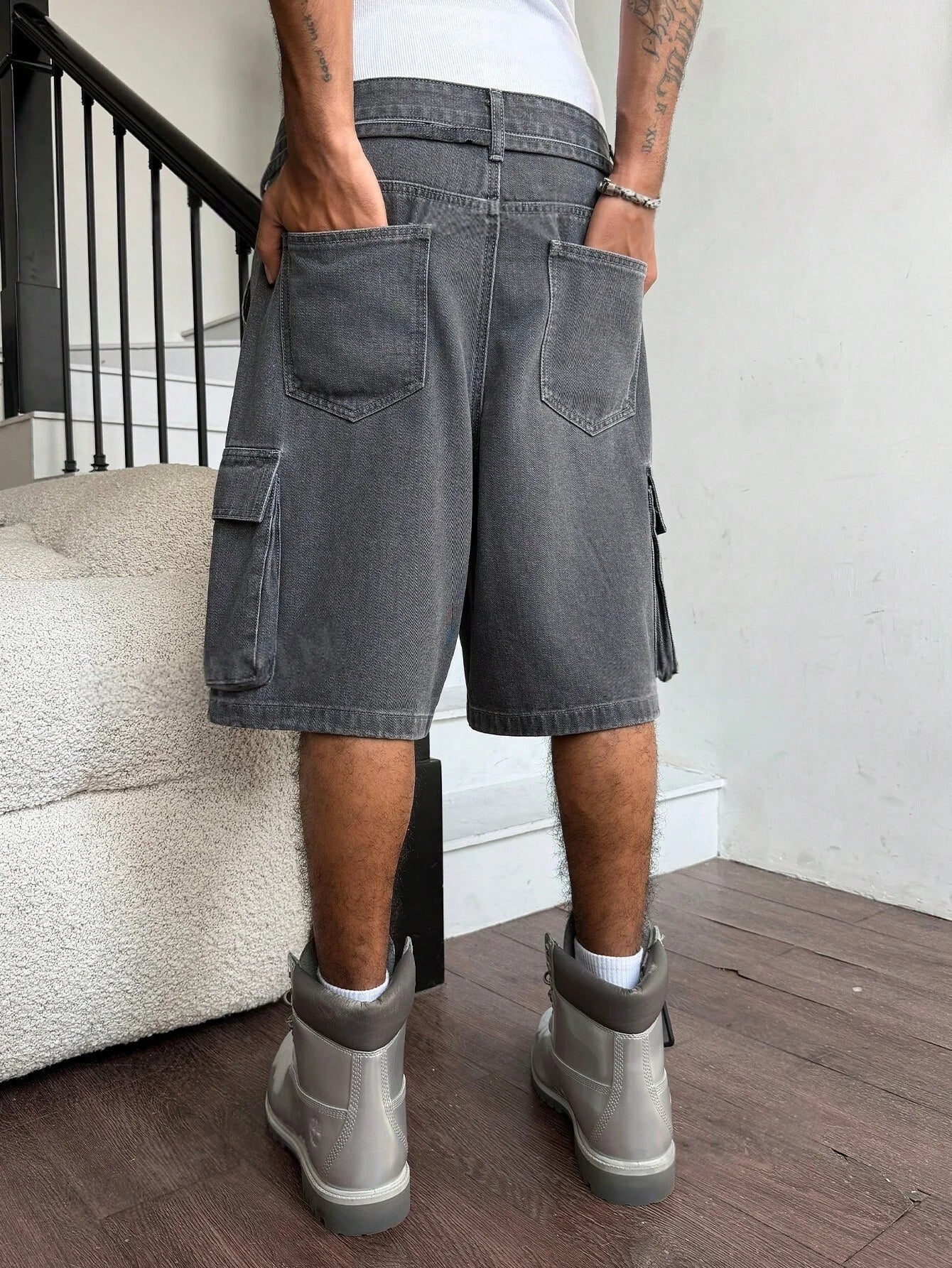 Men Grey Washed Cargo Denim Shorts Baggy Loose Fit Multi-Pocket Casual Streetwear Jean Shorts For Male