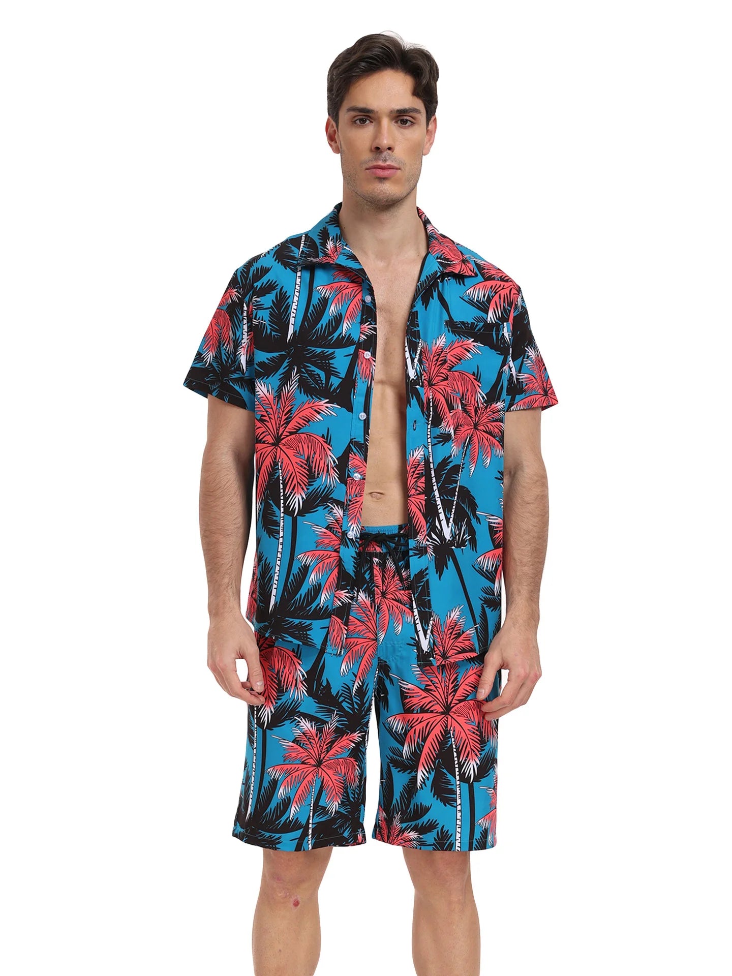 Summer Mens Beach Suit Casual Vacation Short Sleeve Shirt Shorts Set Breathable Loose Holiday Outfit