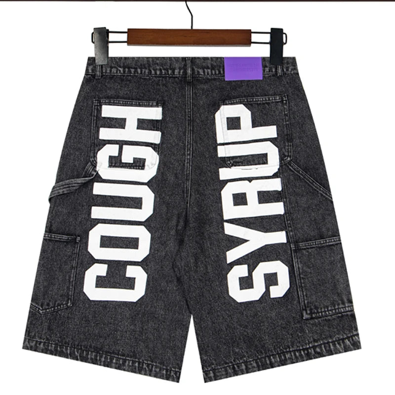 New THAT'S A AWFUL LOT OF COUGH SYRUP Denim Shorts Retro Casual Loose Sports Letter Print Jeans