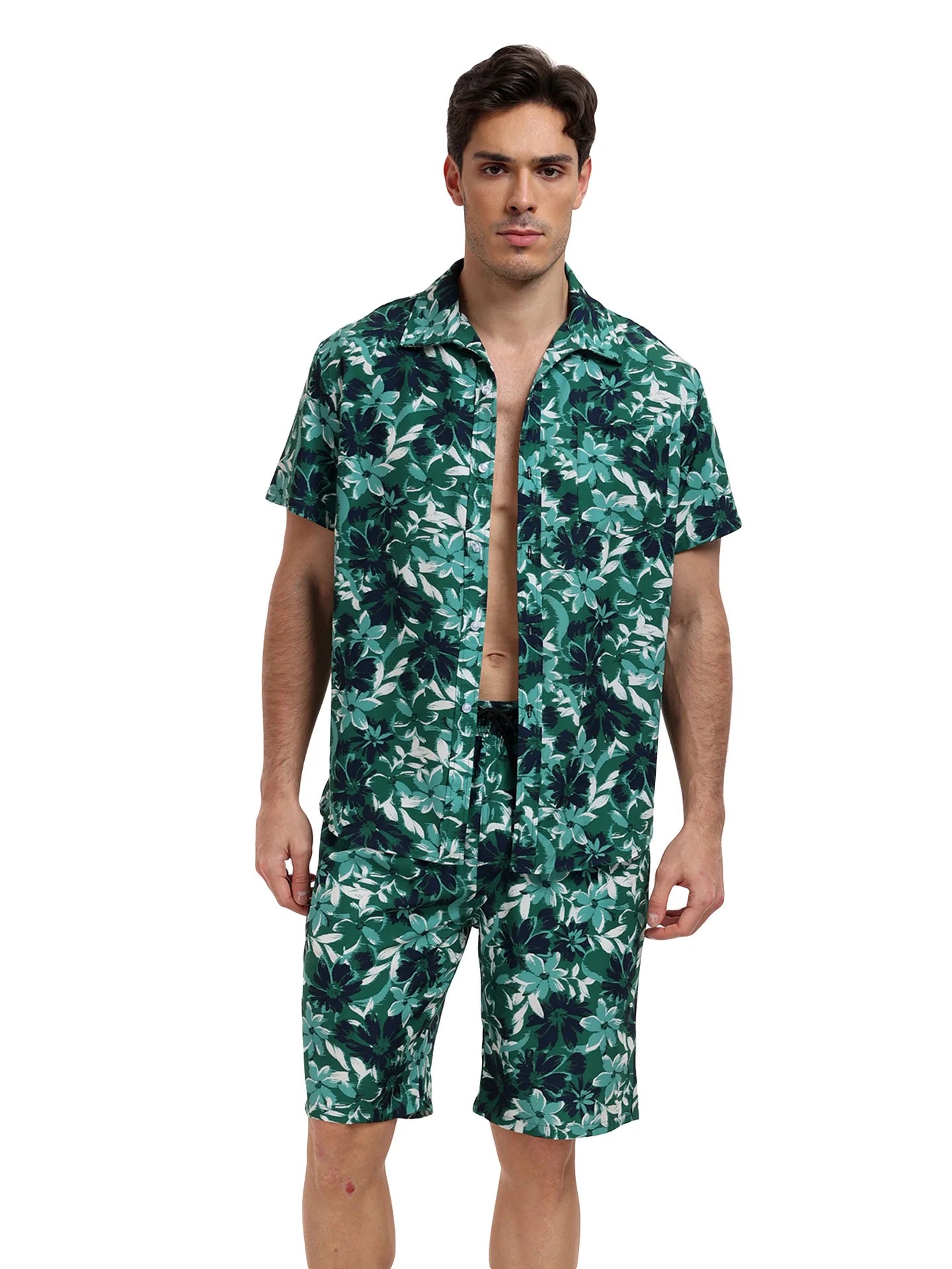 Summer Mens Beach Suit Casual Vacation Short Sleeve Shirt Shorts Set Breathable Loose Holiday Outfit