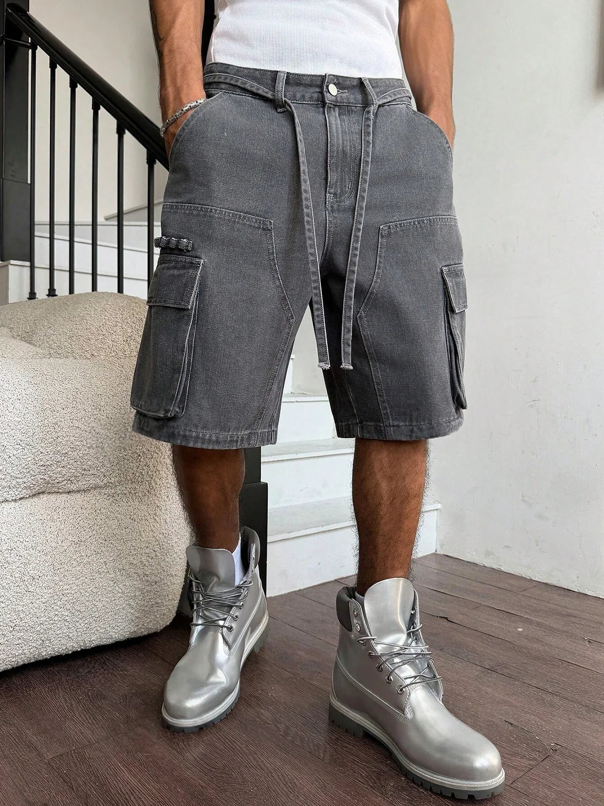 Men Grey Washed Cargo Denim Shorts Baggy Loose Fit Multi-Pocket Casual Streetwear Jean Shorts For Male