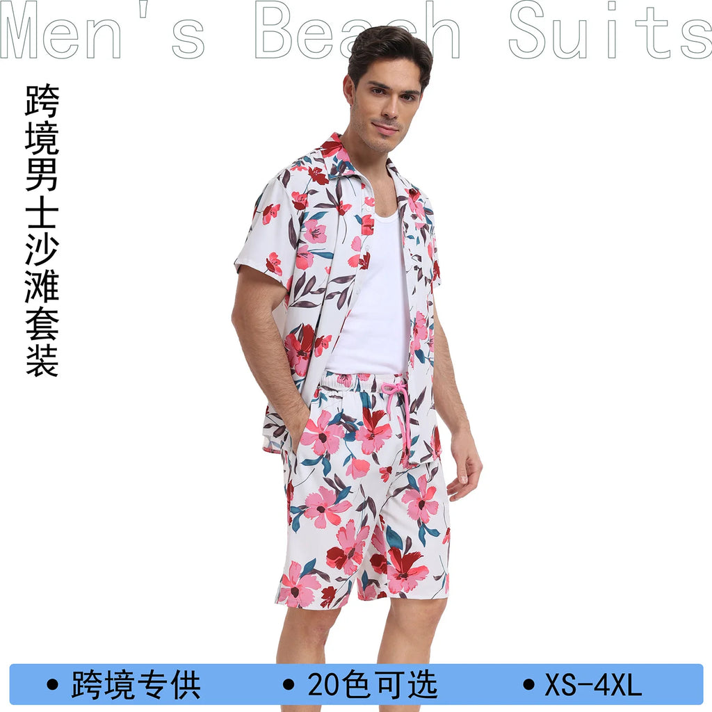 Summer Mens Beach Suit Casual Vacation Short Sleeve Shirt Shorts Set Breathable Loose Holiday Outfit