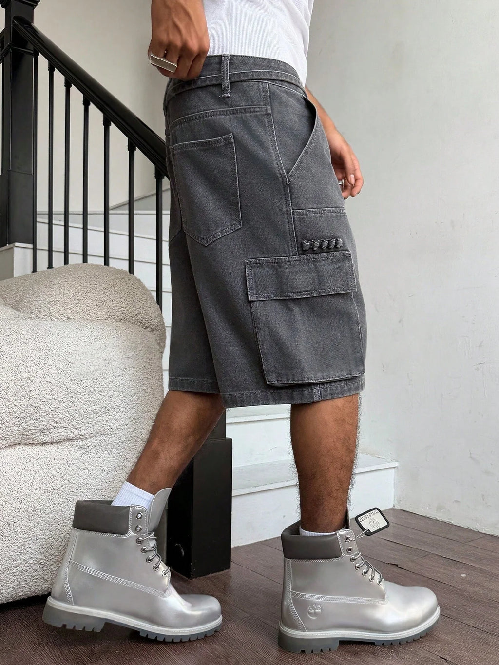 Men Grey Washed Cargo Denim Shorts Baggy Loose Fit Multi-Pocket Casual Streetwear Jean Shorts For Male