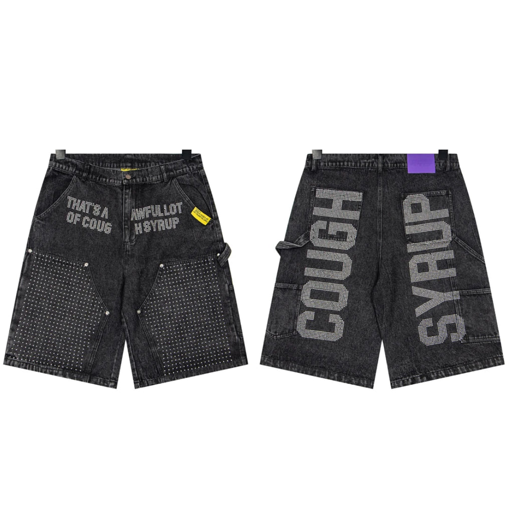 New THAT'S A AWFUL LOT OF COUGH SYRUP Denim Shorts Retro Casual Loose Sports Letter Print Jeans