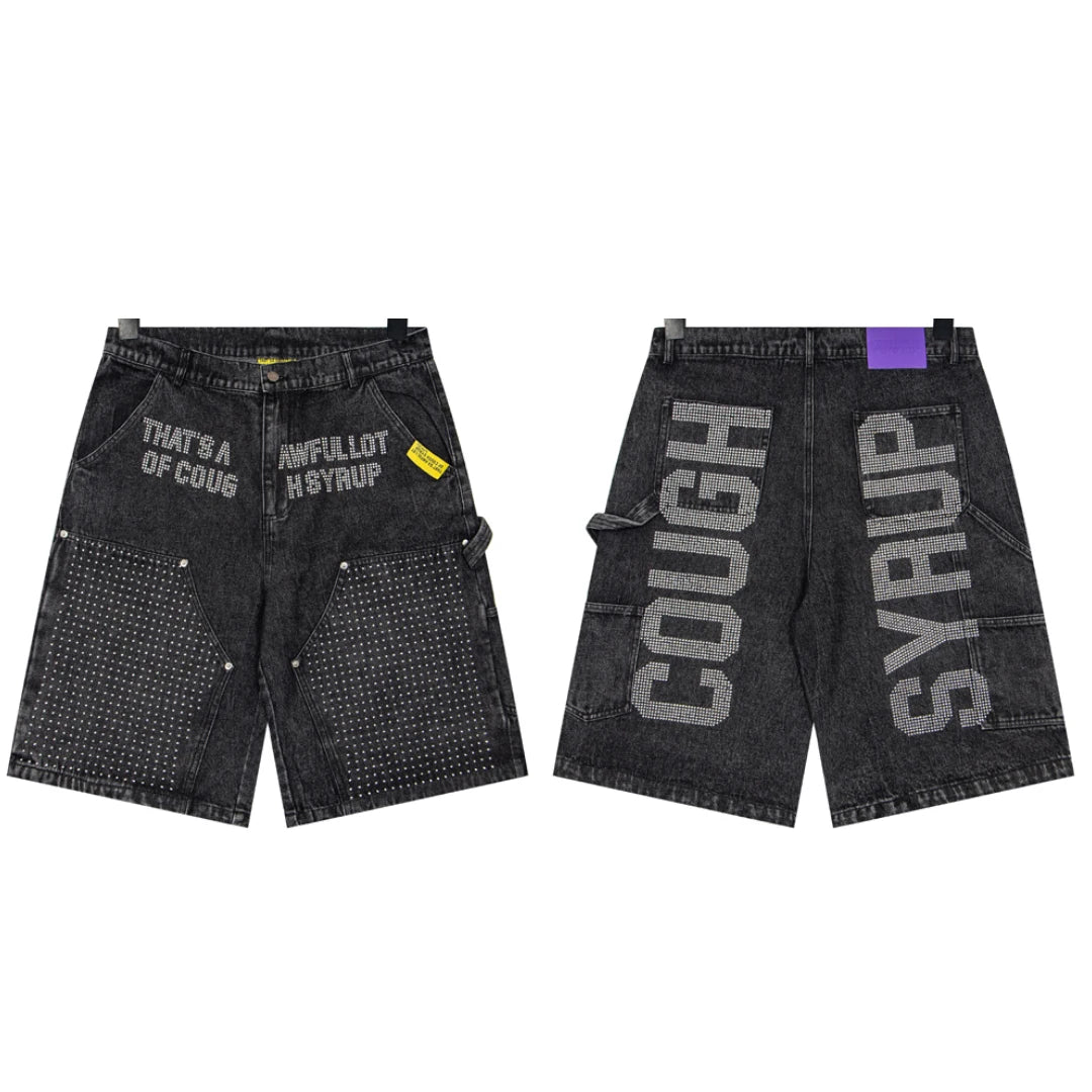 New THAT'S A AWFUL LOT OF COUGH SYRUP Denim Shorts Retro Casual Loose Sports Letter Print Jeans
