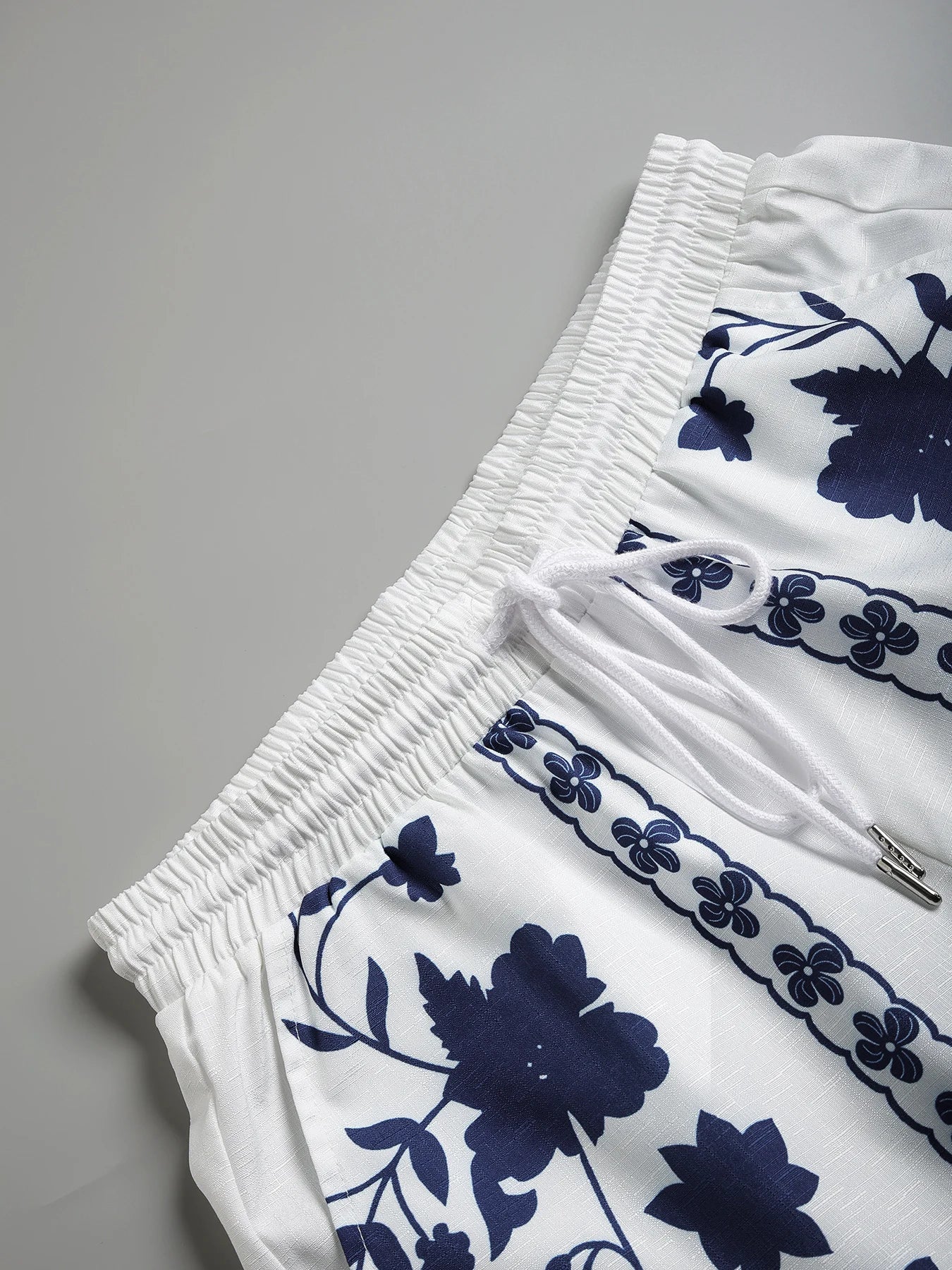 Men's Blue & White Porcelain Floral Set 2 Piece Cuban Collar Shirt & Drawstring Shorts Casual Outfit