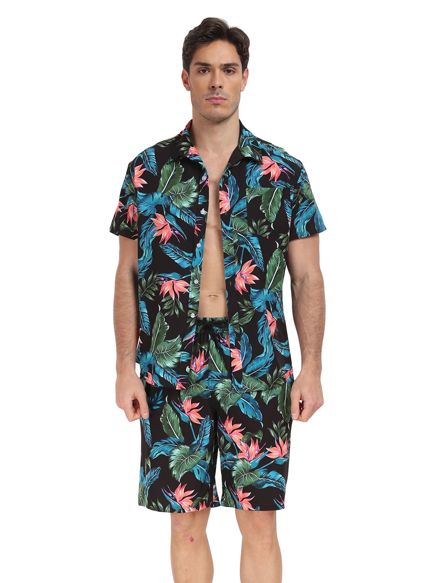 Summer Mens Beach Suit Casual Vacation Short Sleeve Shirt Shorts Set Breathable Loose Holiday Outfit