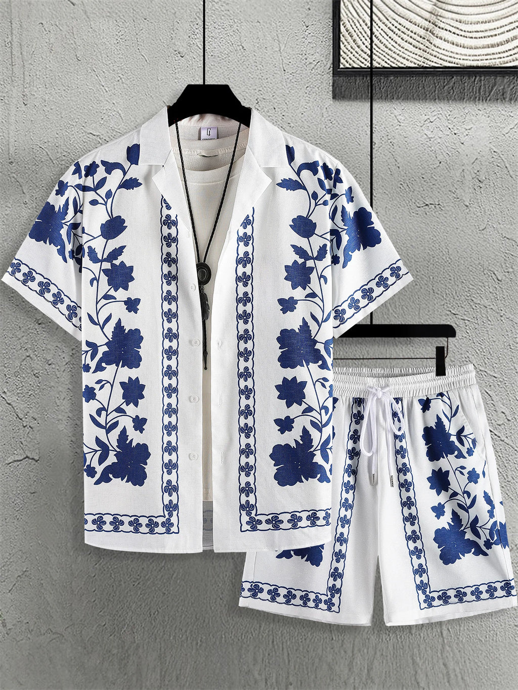 Men's Blue & White Porcelain Floral Set 2 Piece Cuban Collar Shirt & Drawstring Shorts Casual Outfit