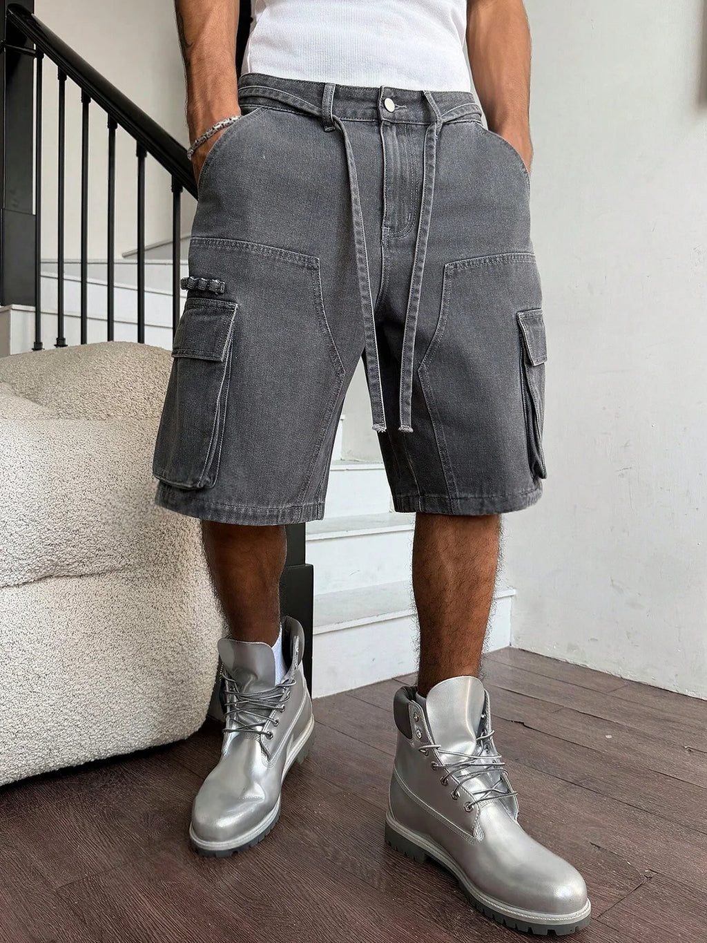 Men Grey Washed Cargo Denim Shorts Baggy Loose Fit Multi-Pocket Casual Streetwear Jean Shorts For Male