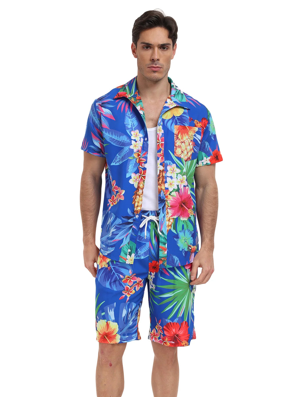 Summer Mens Beach Suit Casual Vacation Short Sleeve Shirt Shorts Set Breathable Loose Holiday Outfit