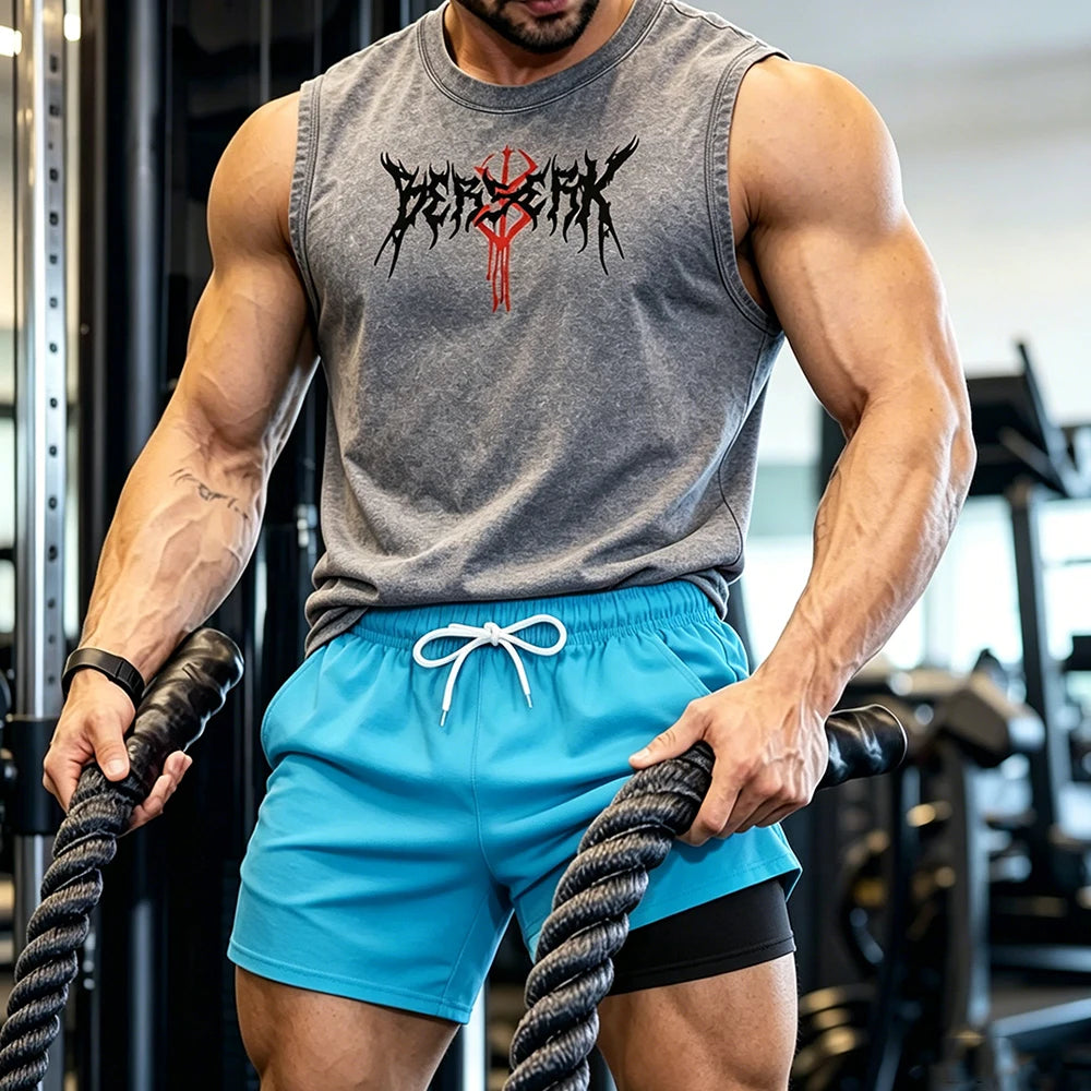 Men Vintage Washed Sleeveless Tank Top Double Layer Compression Liner Drawstring Beach Shorts Spiky Blackmetal Typography Print