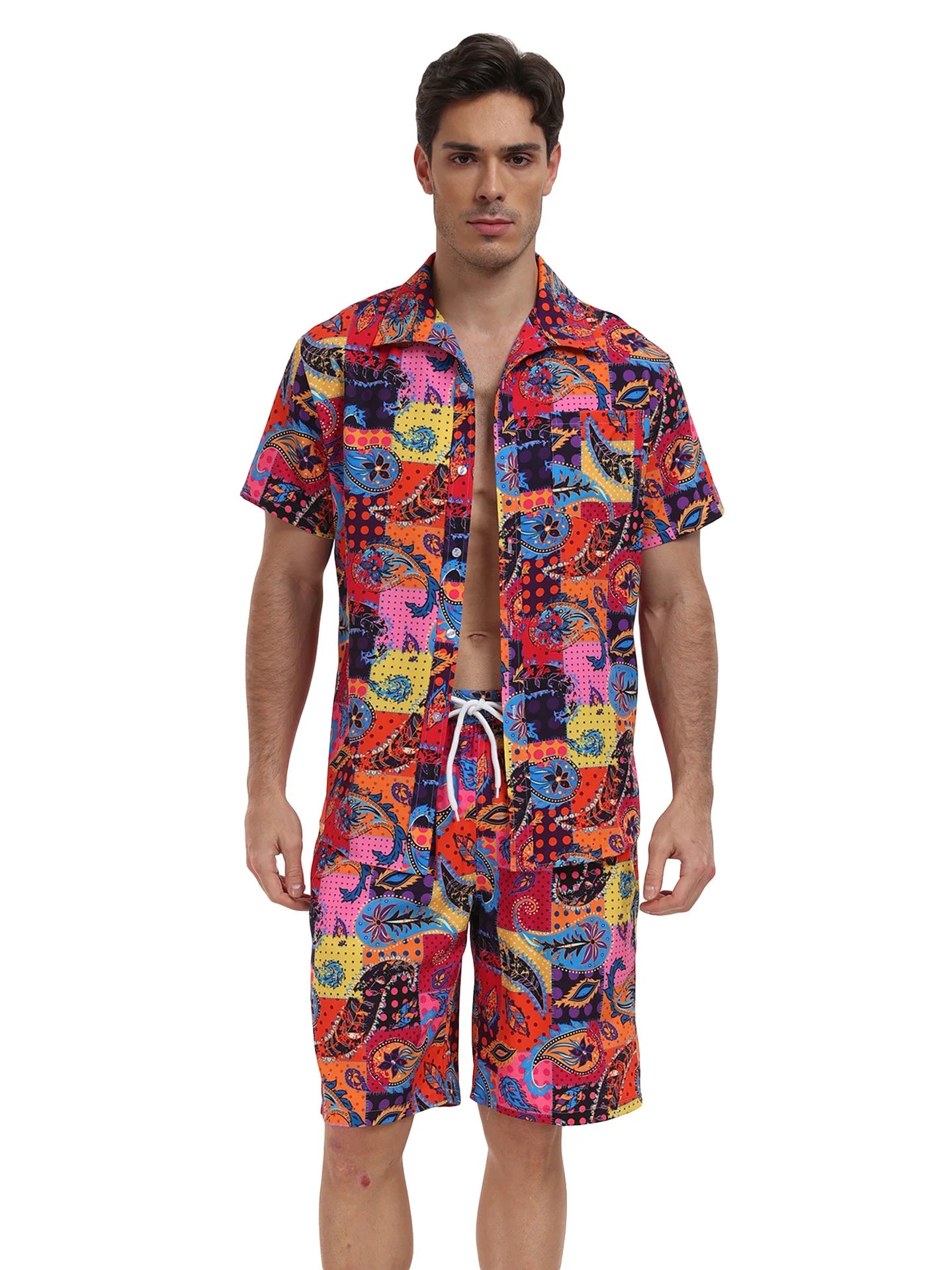 Summer Mens Beach Suit Casual Vacation Short Sleeve Shirt Shorts Set Breathable Loose Holiday Outfit
