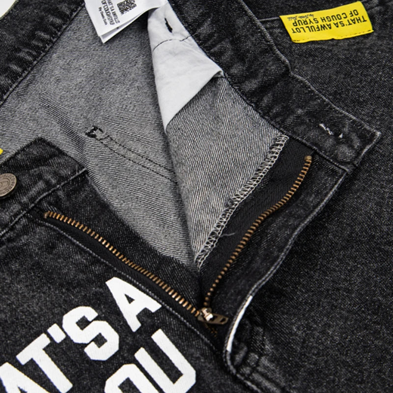 New THAT'S A AWFUL LOT OF COUGH SYRUP Denim Shorts Retro Casual Loose Sports Letter Print Jeans