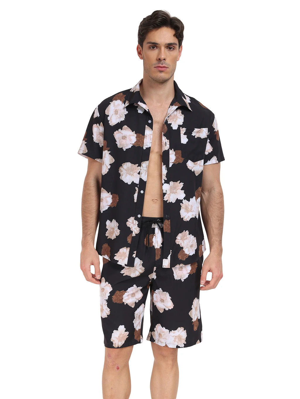 Summer Mens Beach Suit Casual Vacation Short Sleeve Shirt Shorts Set Breathable Loose Holiday Outfit
