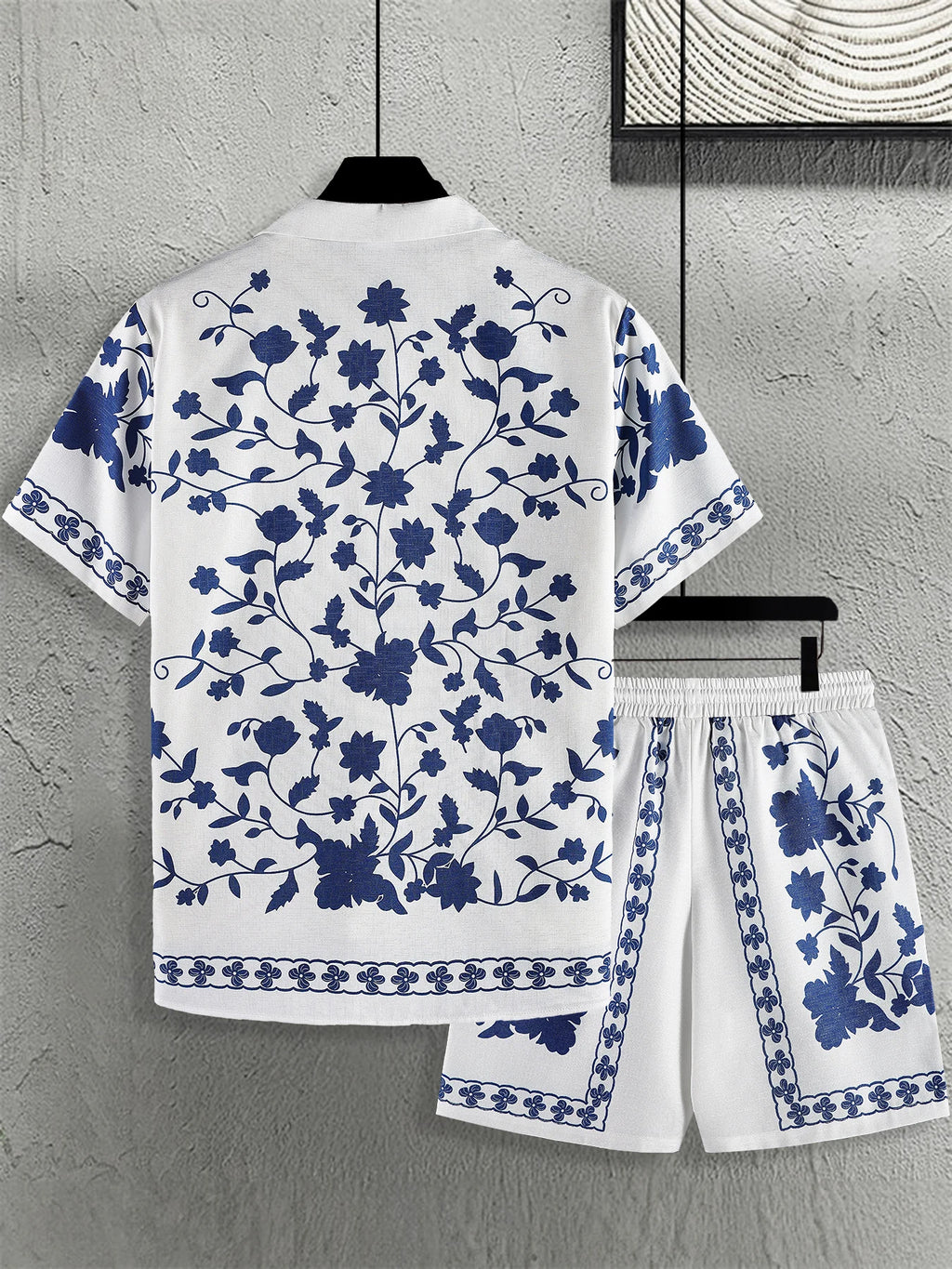 Men's Blue & White Porcelain Floral Set 2 Piece Cuban Collar Shirt & Drawstring Shorts Casual Outfit