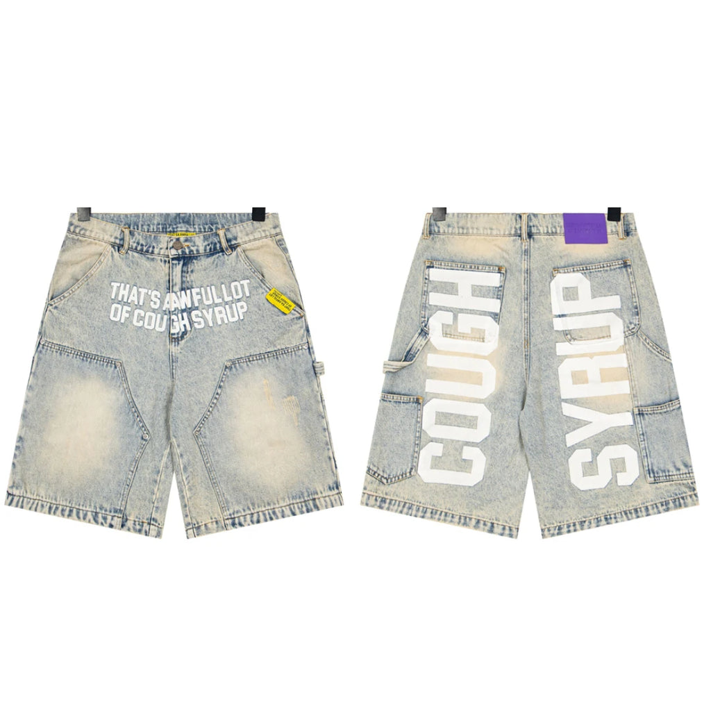New THAT'S A AWFUL LOT OF COUGH SYRUP Denim Shorts Retro Casual Loose Sports Letter Print Jeans