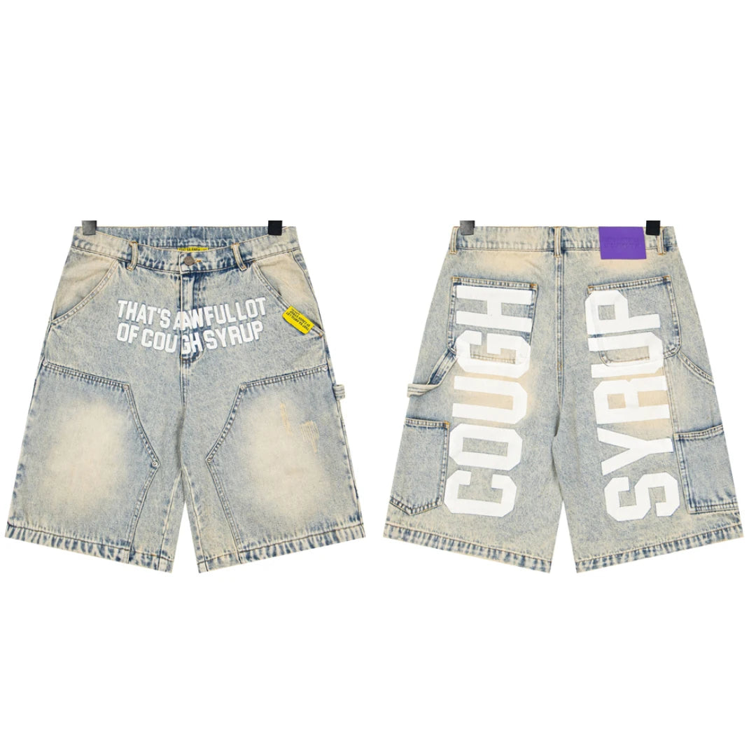 New THAT'S A AWFUL LOT OF COUGH SYRUP Denim Shorts Retro Casual Loose Sports Letter Print Jeans