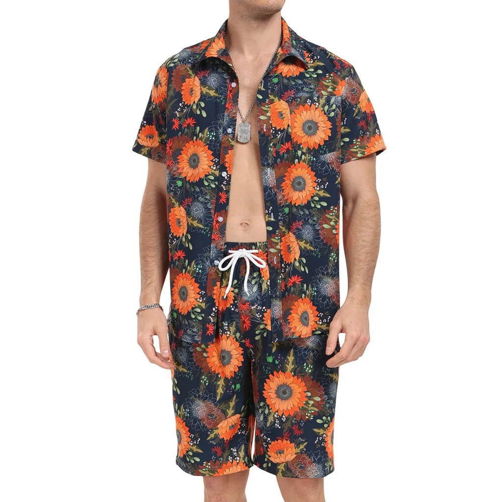 Summer Mens Beach Suit Casual Vacation Short Sleeve Shirt Shorts Set Breathable Loose Holiday Outfit