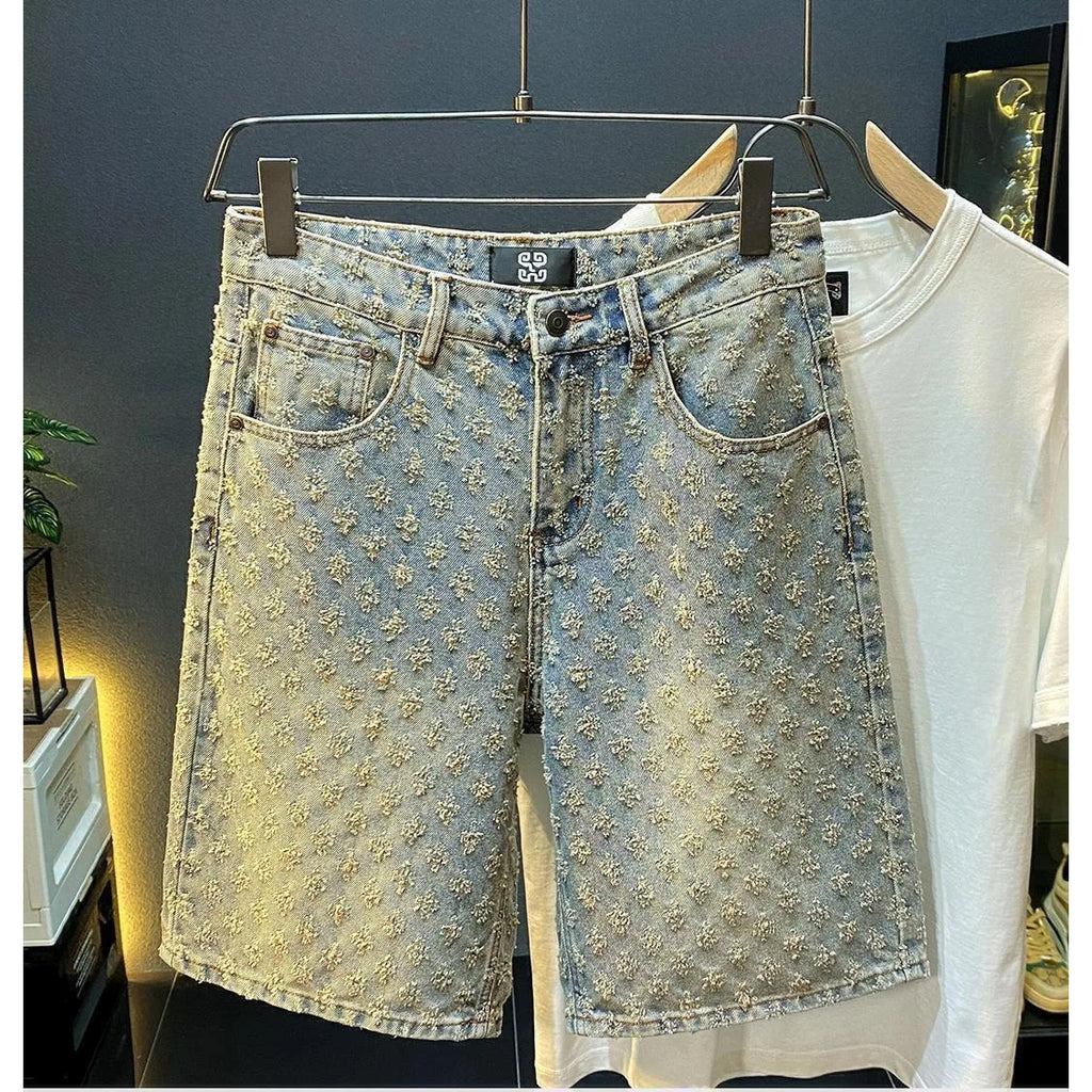 Summer High Street Denim Shorts Men's Casual Jeans Shorts Loose Mid High Waist Fashion Vintage Knee Lenght Denim Short Pants Men