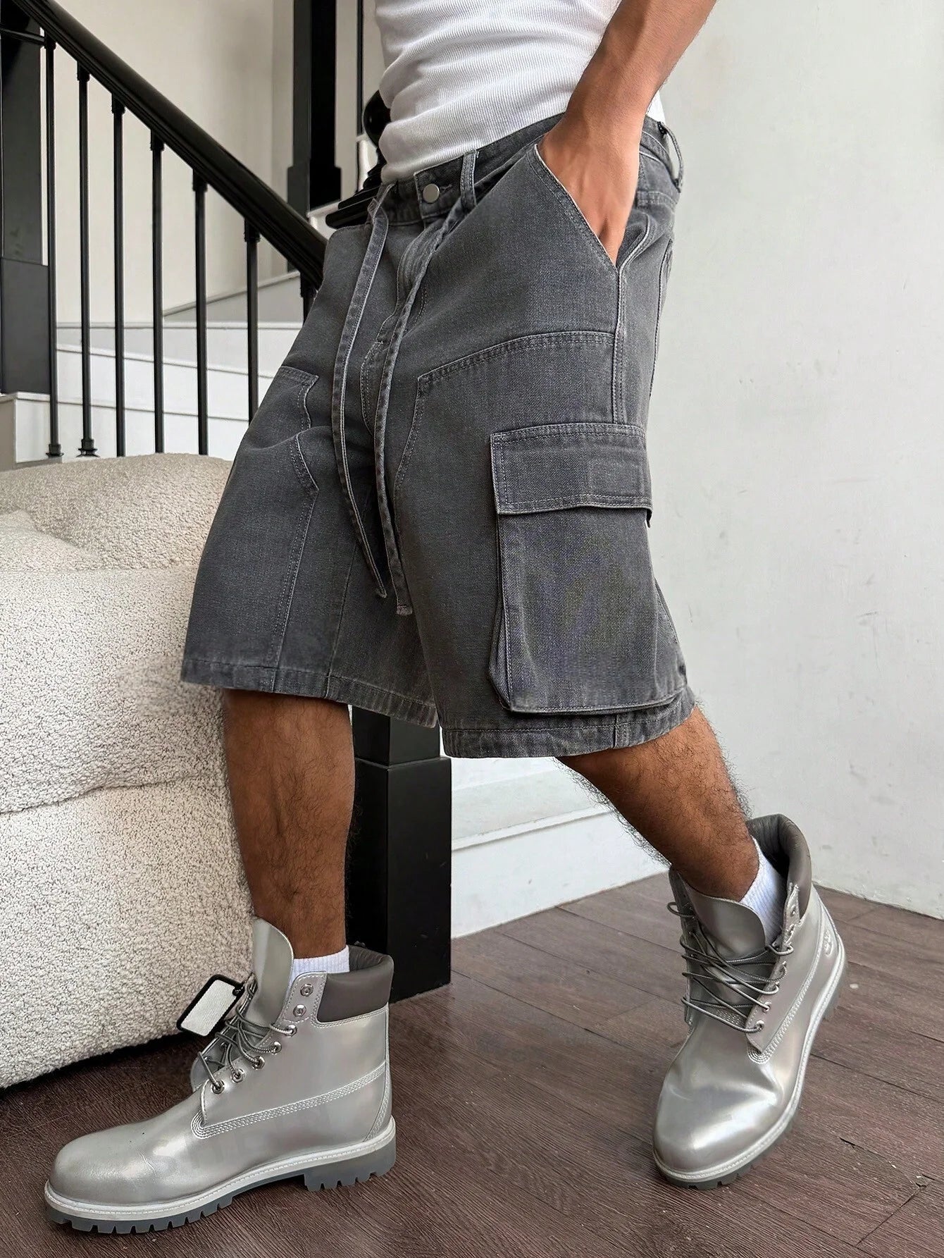 Men Grey Washed Cargo Denim Shorts Baggy Loose Fit Multi-Pocket Casual Streetwear Jean Shorts For Male