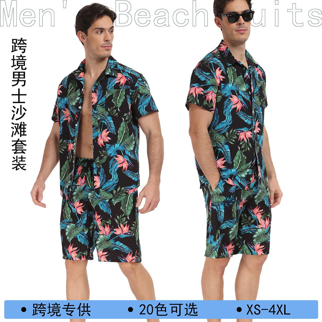 Summer Mens Beach Suit Casual Vacation Short Sleeve Shirt Shorts Set Breathable Loose Holiday Outfit