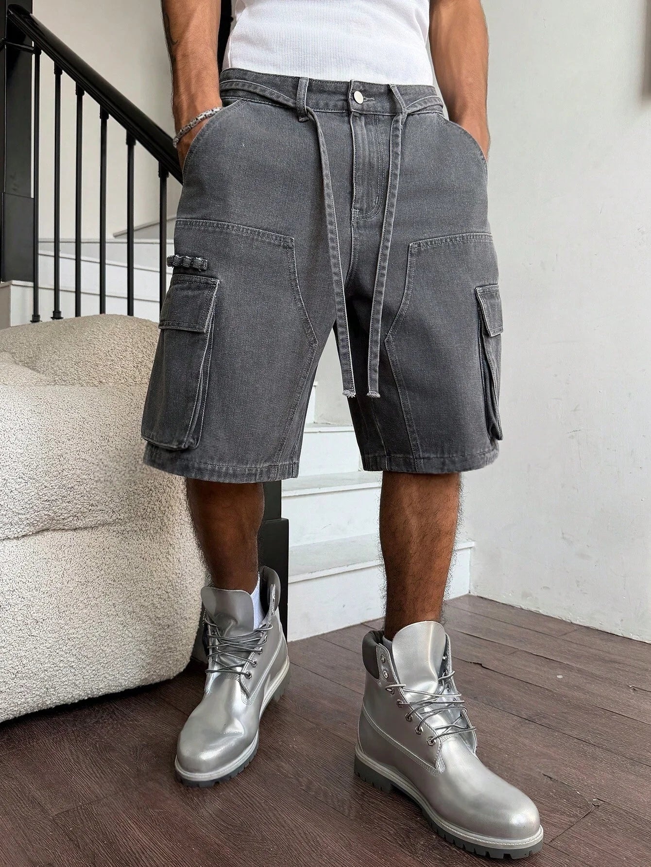 Men Grey Washed Cargo Denim Shorts Baggy Loose Fit Multi-Pocket Casual Streetwear Jean Shorts For Male