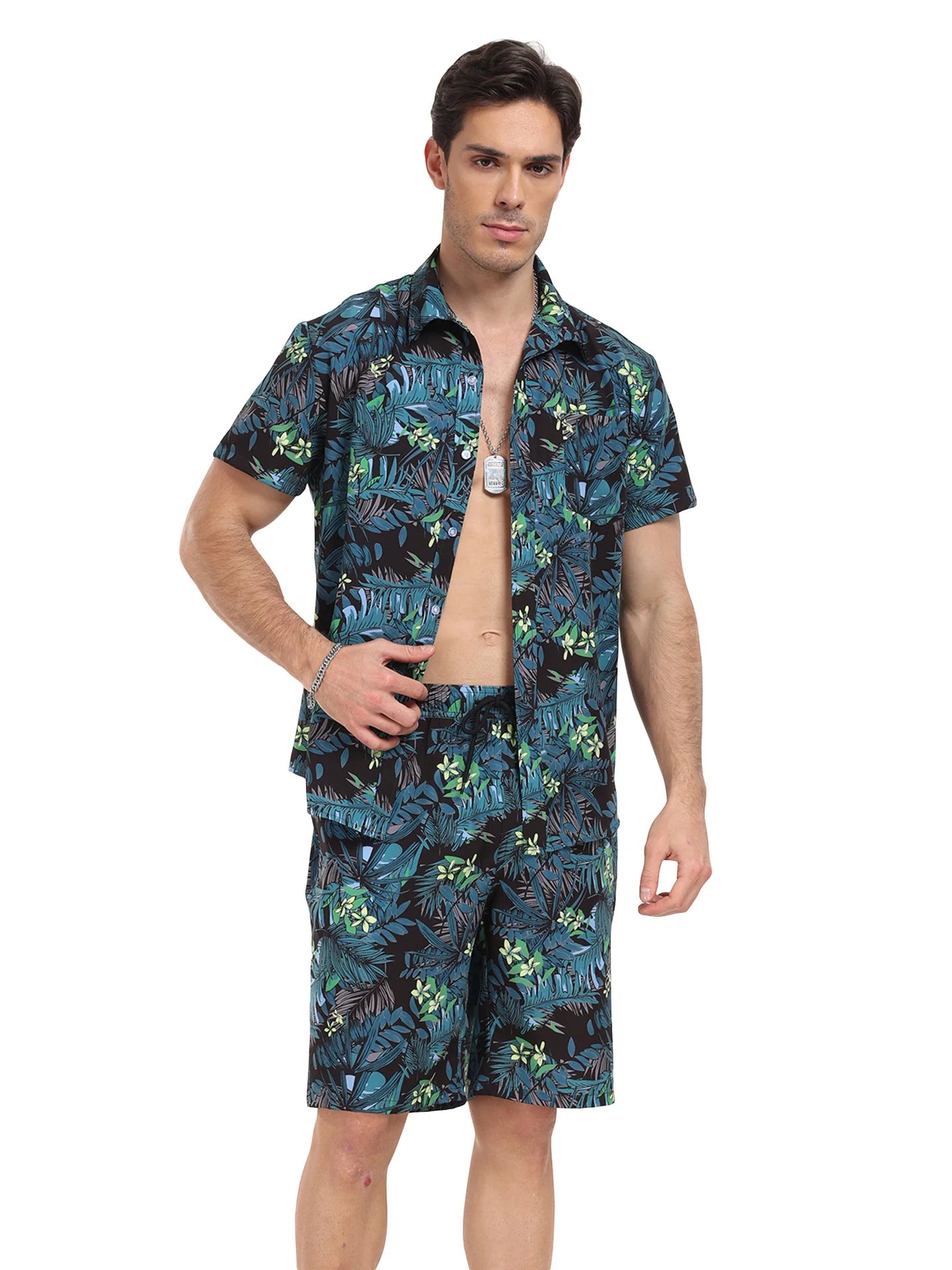 Summer Mens Beach Suit Casual Vacation Short Sleeve Shirt Shorts Set Breathable Loose Holiday Outfit