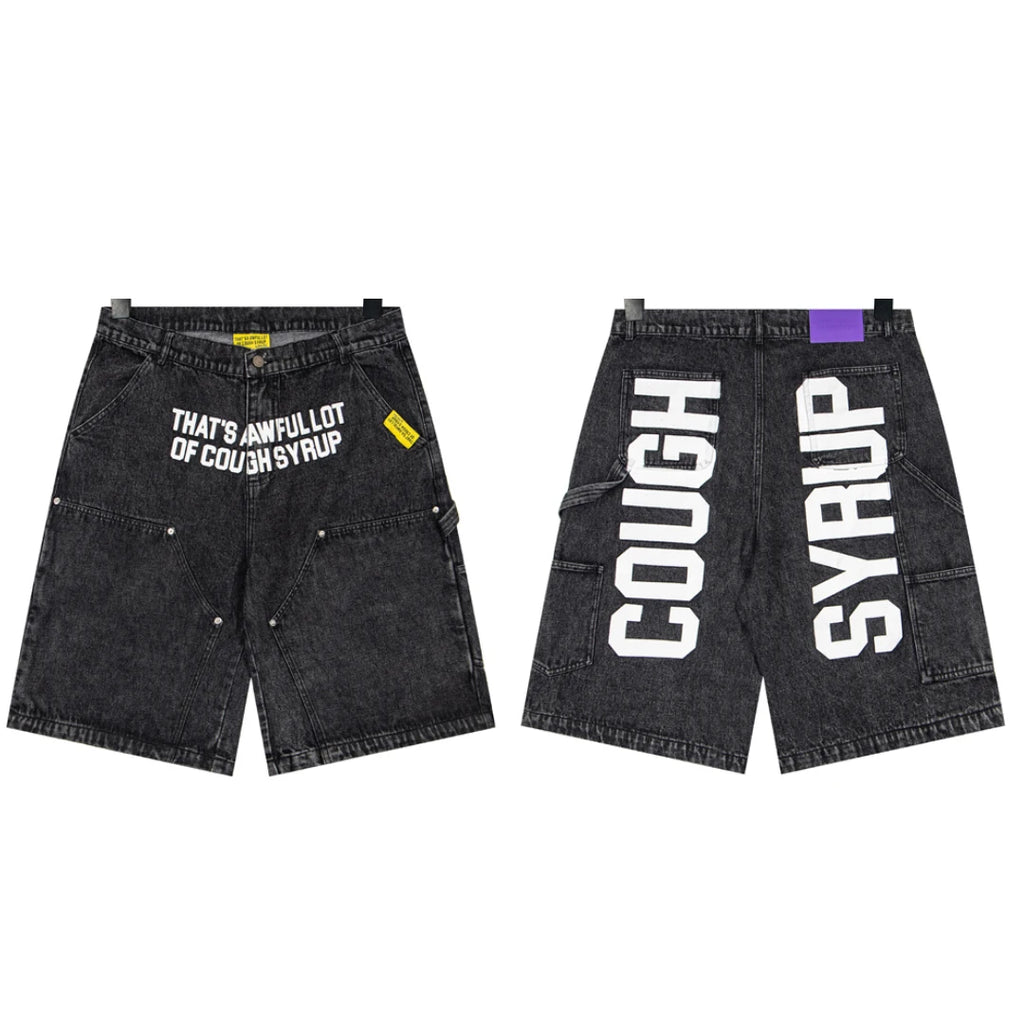 New THAT'S A AWFUL LOT OF COUGH SYRUP Denim Shorts Retro Casual Loose Sports Letter Print Jeans