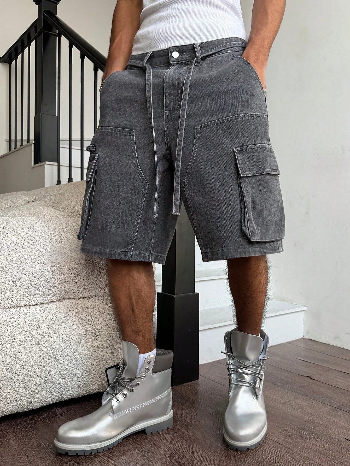 Men Grey Washed Cargo Denim Shorts Baggy Loose Fit Multi-Pocket Casual Streetwear Jean Shorts For Male