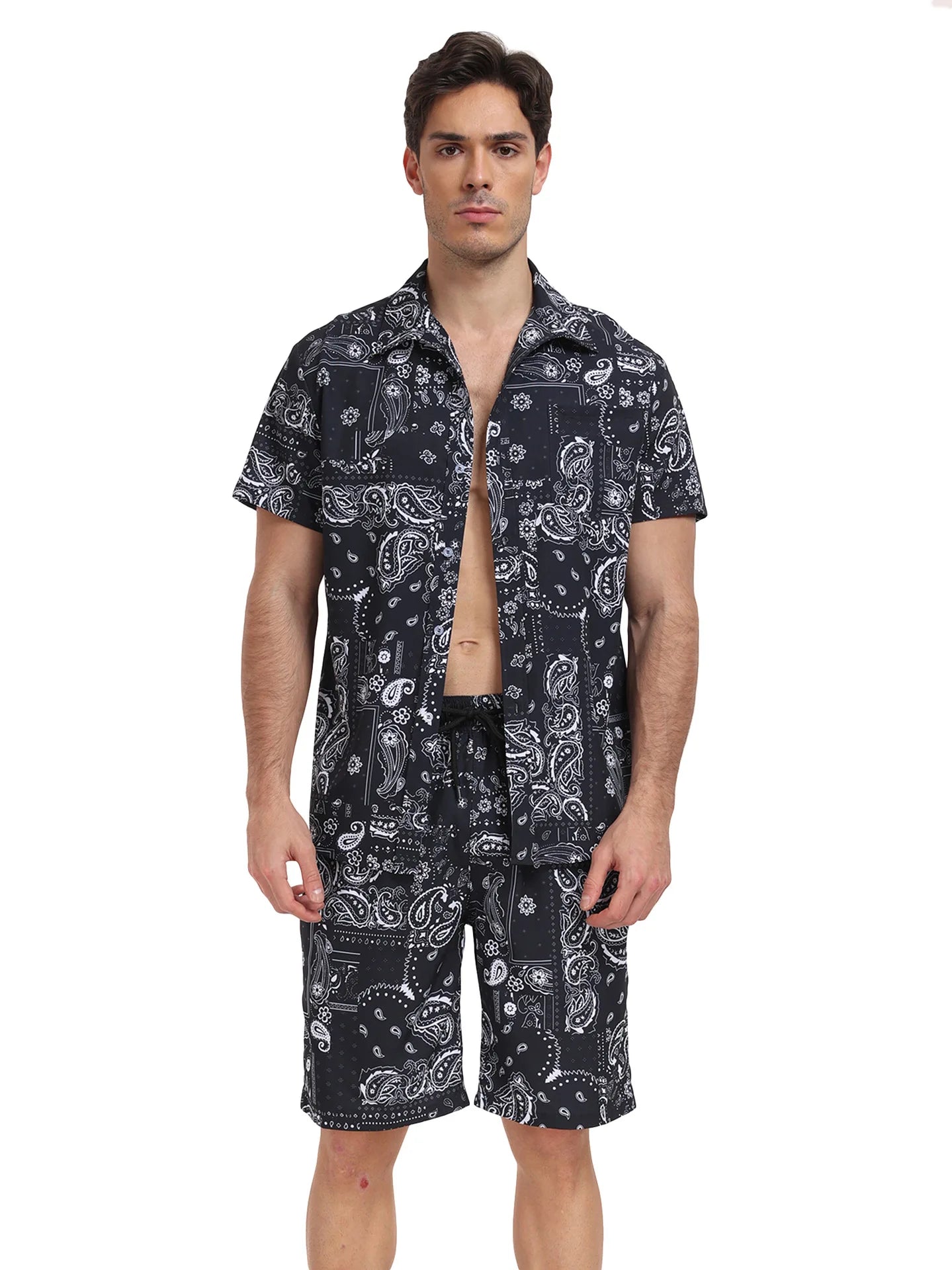 Summer Mens Beach Suit Casual Vacation Short Sleeve Shirt Shorts Set Breathable Loose Holiday Outfit
