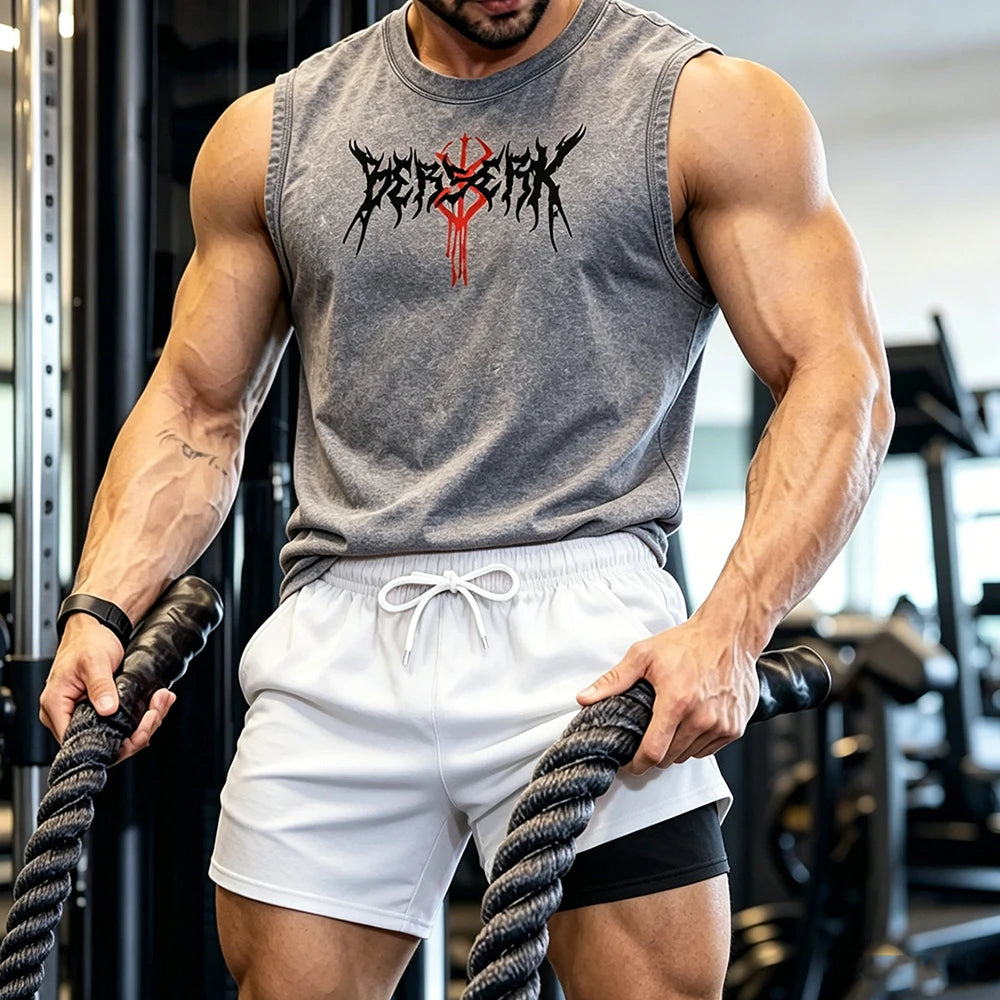 Men Vintage Washed Sleeveless Tank Top Double Layer Compression Liner Drawstring Beach Shorts Spiky Blackmetal Typography Print