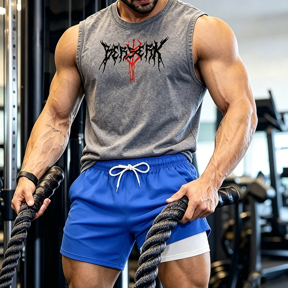 Men Vintage Washed Sleeveless Tank Top Double Layer Compression Liner Drawstring Beach Shorts Spiky Blackmetal Typography Print