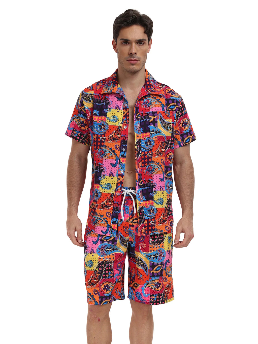 Summer Mens Beach Suit Casual Vacation Short Sleeve Shirt Shorts Set Breathable Loose Holiday Outfit