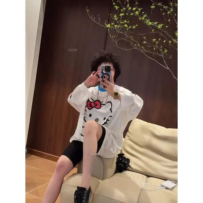 Long-Sleeved Hello Kitty Summer New Style Cartoon Cute Printed T-Shirt for Women Popular Loose Sun Protection Clothing Thin Tops