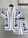 Men's Blue & White Porcelain Floral Set 2 Piece Cuban Collar Shirt & Drawstring Shorts Casual Outfit