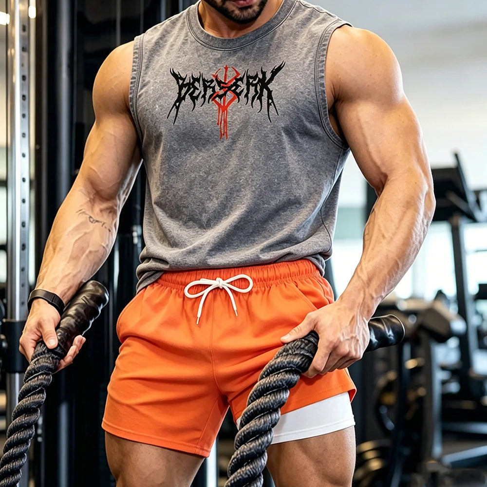 Men Vintage Washed Sleeveless Tank Top Double Layer Compression Liner Drawstring Beach Shorts Spiky Blackmetal Typography Print