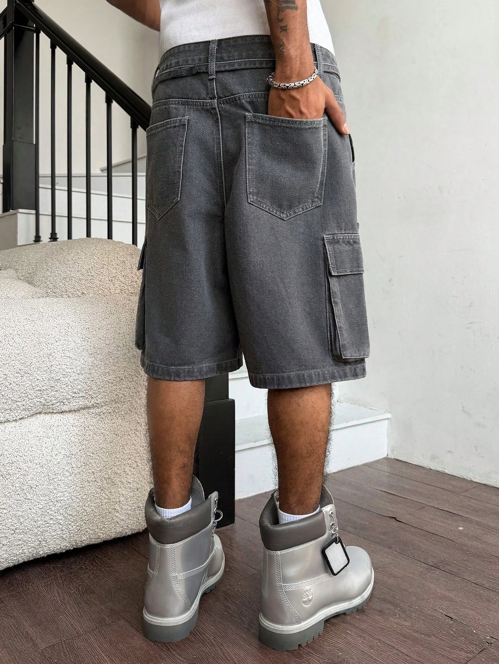 Men Grey Washed Cargo Denim Shorts Baggy Loose Fit Multi-Pocket Casual Streetwear Jean Shorts For Male