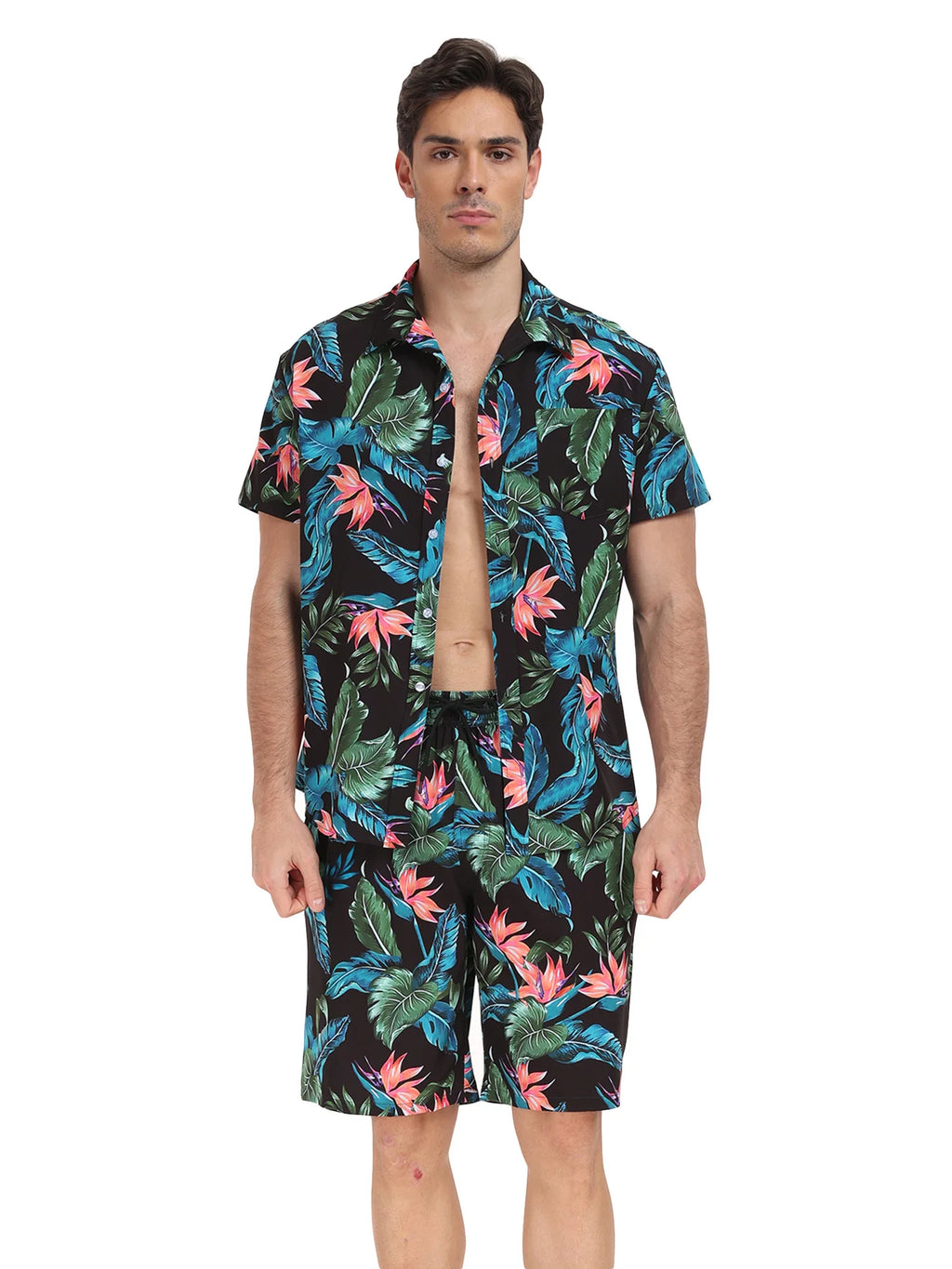 Summer Mens Beach Suit Casual Vacation Short Sleeve Shirt Shorts Set Breathable Loose Holiday Outfit