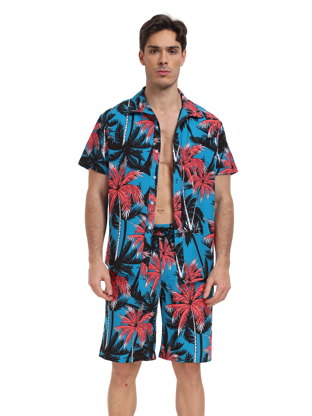 Summer Mens Beach Suit Casual Vacation Short Sleeve Shirt Shorts Set Breathable Loose Holiday Outfit