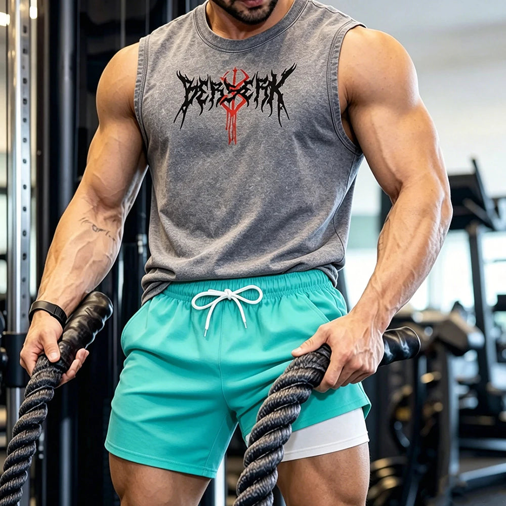 Men Vintage Washed Sleeveless Tank Top Double Layer Compression Liner Drawstring Beach Shorts Spiky Blackmetal Typography Print