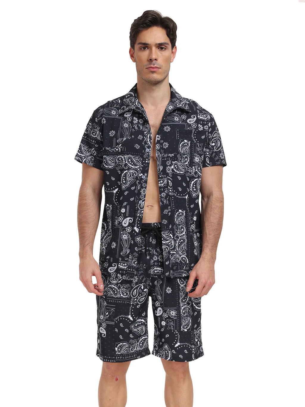 Summer Mens Beach Suit Casual Vacation Short Sleeve Shirt Shorts Set Breathable Loose Holiday Outfit
