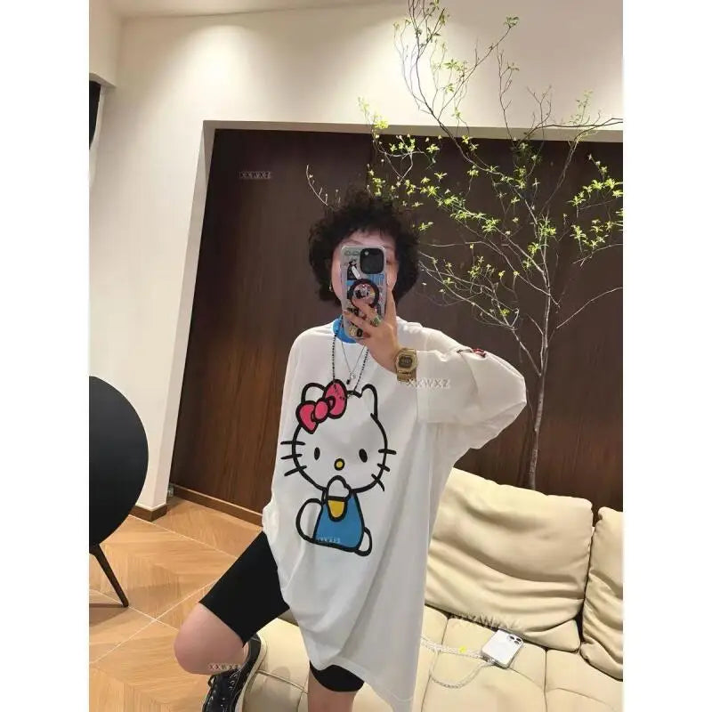 Long-Sleeved Hello Kitty Summer New Style Cartoon Cute Printed T-Shirt for Women Popular Loose Sun Protection Clothing Thin Tops