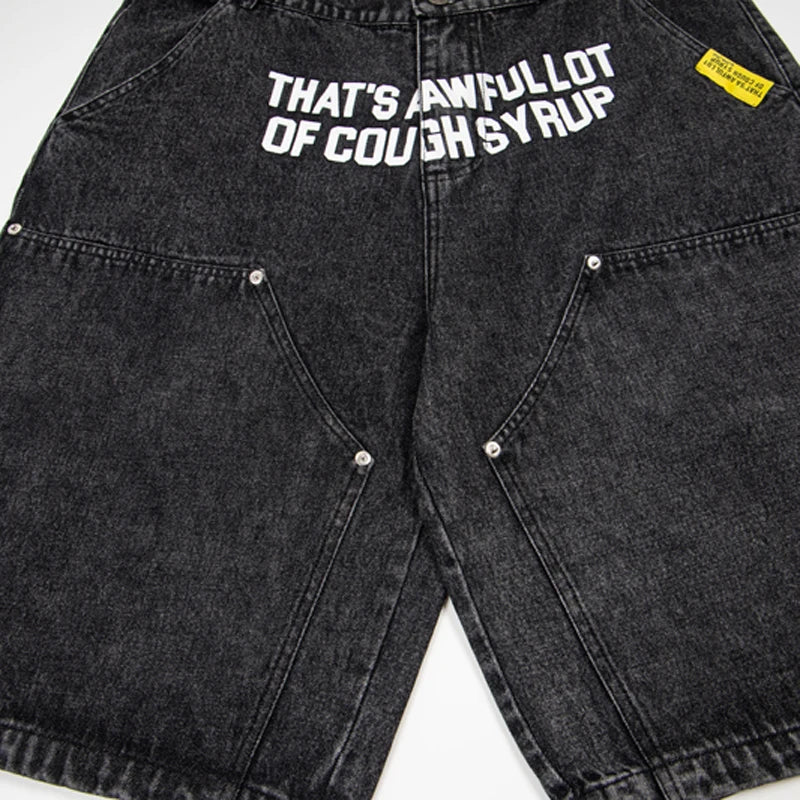 New THAT'S A AWFUL LOT OF COUGH SYRUP Denim Shorts Retro Casual Loose Sports Letter Print Jeans