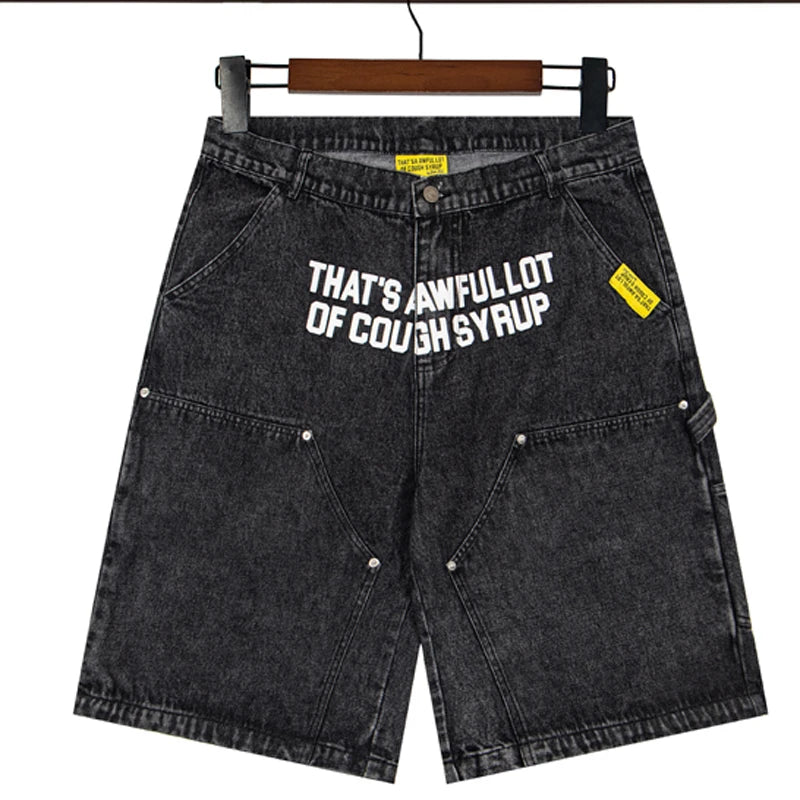 New THAT'S A AWFUL LOT OF COUGH SYRUP Denim Shorts Retro Casual Loose Sports Letter Print Jeans
