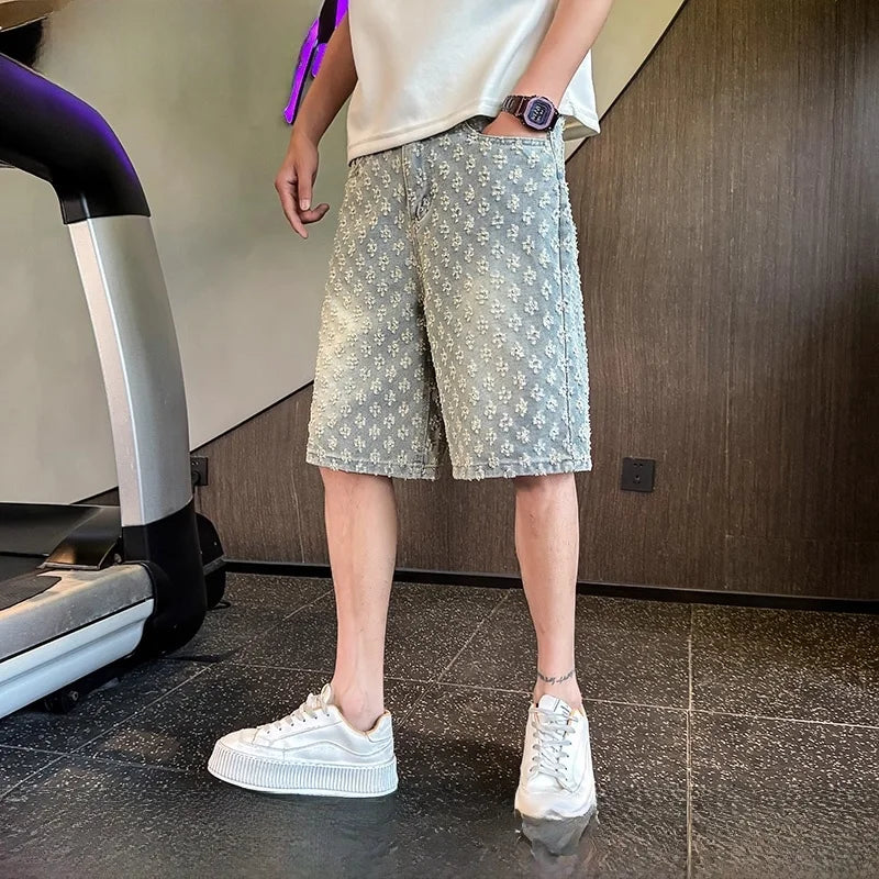 Summer High Street Denim Shorts Men's Casual Jeans Shorts Loose Mid High Waist Fashion Vintage Knee Lenght Denim Short Pants Men